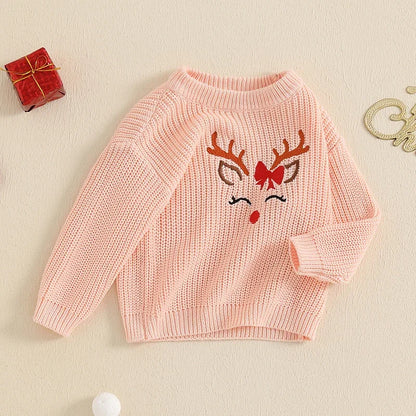 Girl Christmas Sweater Reindeer Embroidery Pattern Chunky Knitwear Newborn Xmas Tops