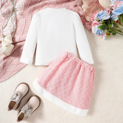 Girls Sweet Heart Pattern Top Elastic Waist Mini Skirts 2Pcs Set