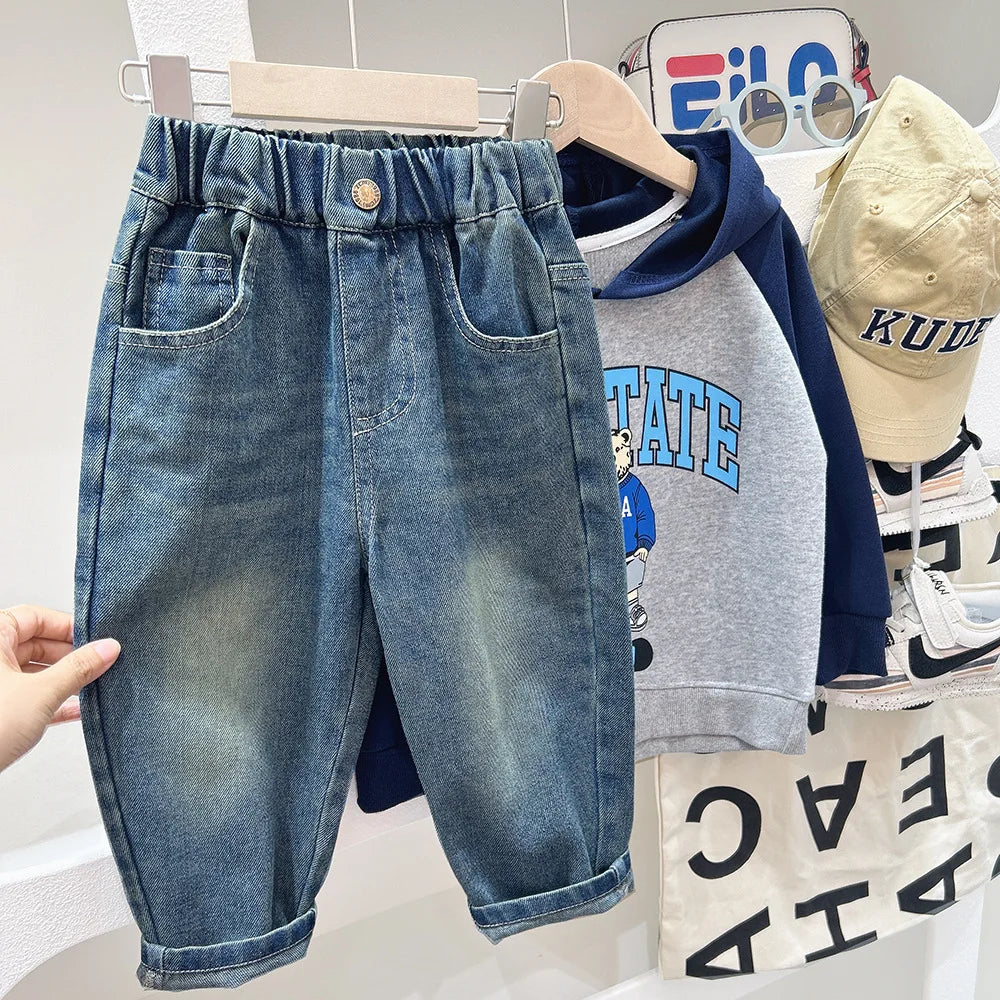 Boys Elastic Waist Pockets Students Boys Jeans Letter Exterior Loose Trousers