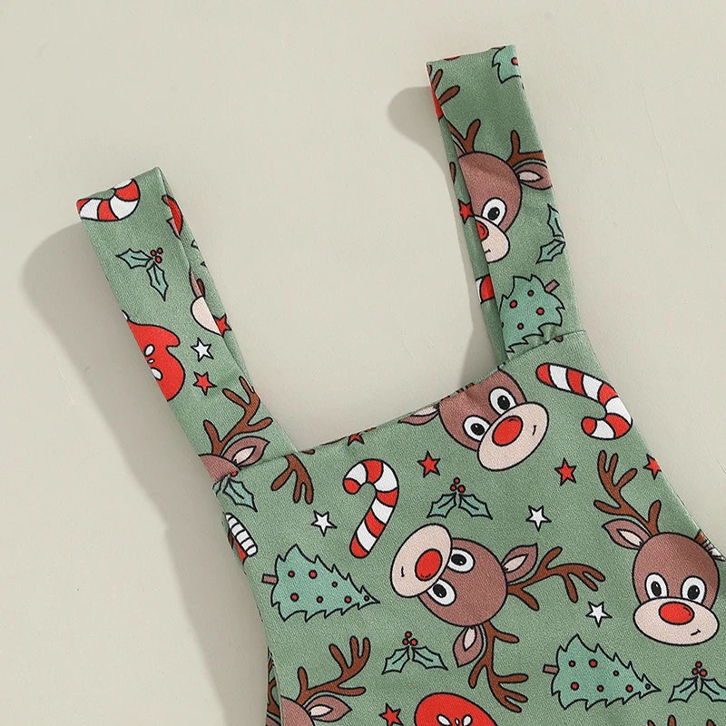 Toddler Girls Boys Christmas Overalls Reindeer/Santa Print Straps Romper Jumpsuit