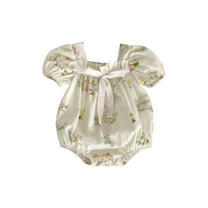 Newborn Princess Puff Sleeve Bunny Print Outfits Bow Kids Baby Girls Bodysuits