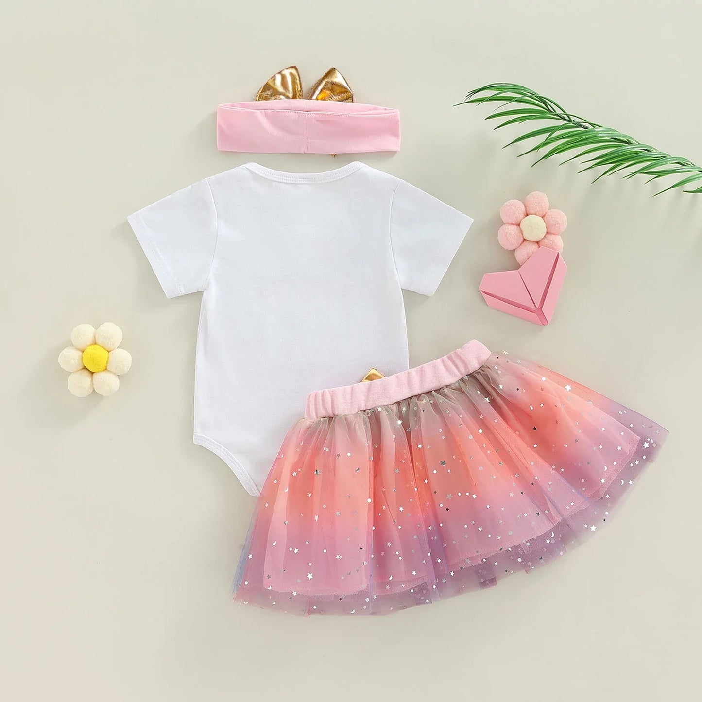 3Pcs Baby Birthday Bodysuits Cotton Short Sleeved Birthday Gifts Party Clothes