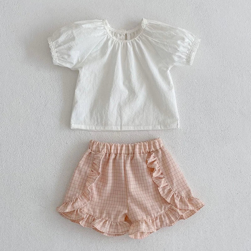 Baby Girls Short Sleeve Pure Color T-shirt +Printing Shorts Suit Sweet