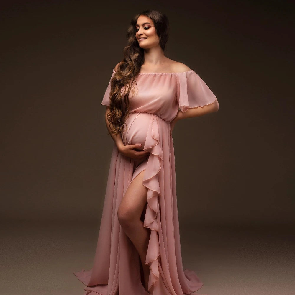 Maternity Dresses For Photo Shoot Shoulder Ruffle Sleeve Chiffon Dress Baby Shower Holiday Clothing