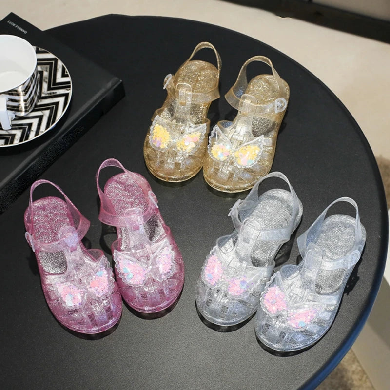 Little Girls Glitter Jelly Sandals Summer Cute Butterfly Cutout Flats Walking Shoes