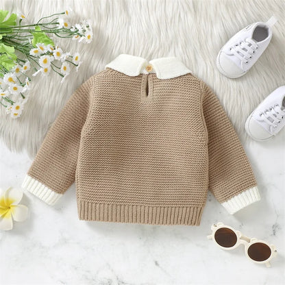 Baby Knitted Sweaters Long Sleeve Lapel Collar Contrast Color Pullover Tops