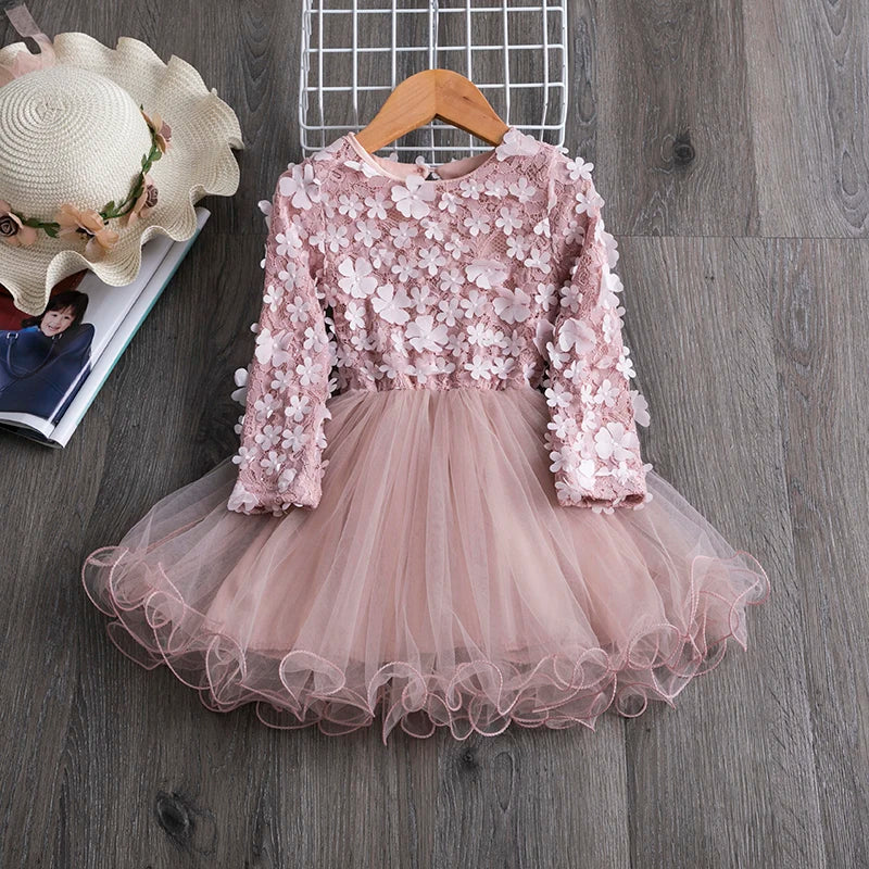 Little Children Party Kids Casual Dress Pink Floral Embroidery Dresses