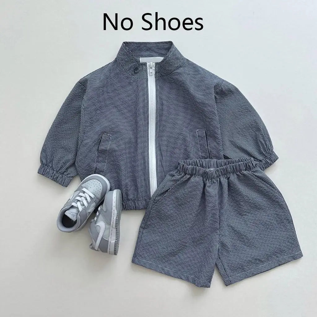 Boy Girl Children Thin Loose Solid Zipper Long Sleeve Tops + Mid Pants