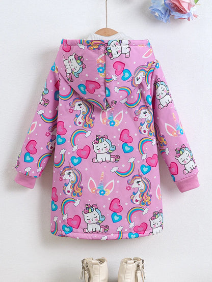 Girls Unicorn Heart Rainbow Print Winter Thickened Fleece Warm Hooded Jacket