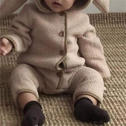 Girl Baby Fleece Cute Rabbit Ears Cardigan Romper Boy Infant Solid Jumpsuit