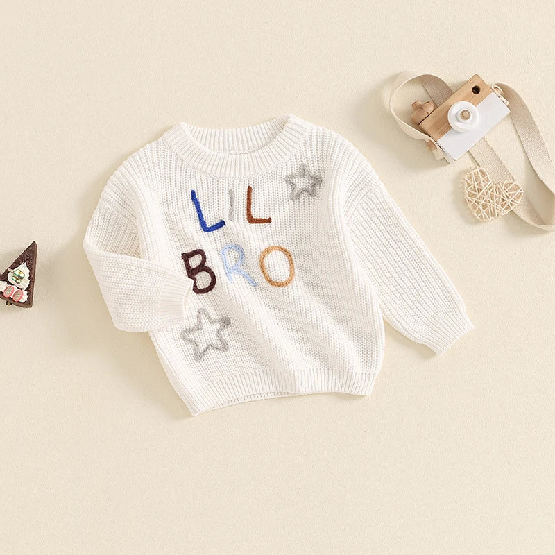 Little Boy Knitted Sweater Letter Star Embroidery Crew Neck Long Sleeve Casual Pullover