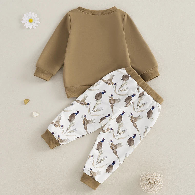 Boy Girl Fall Winter Outfits, Wild Goose Print Pullover Sweatshirt Elastic Waist Pants