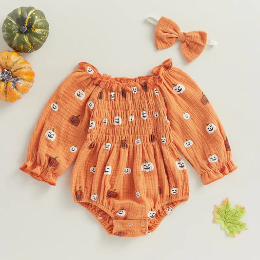 Baby Girl Cartoon Pumpkin Bodysuit Off Shoulder Jumpsuit with Bow Headband