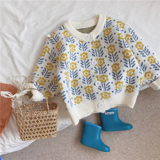 Baby Girl Sweet Flower Knitting Single Breasted Sweater Retro Casual Clothes