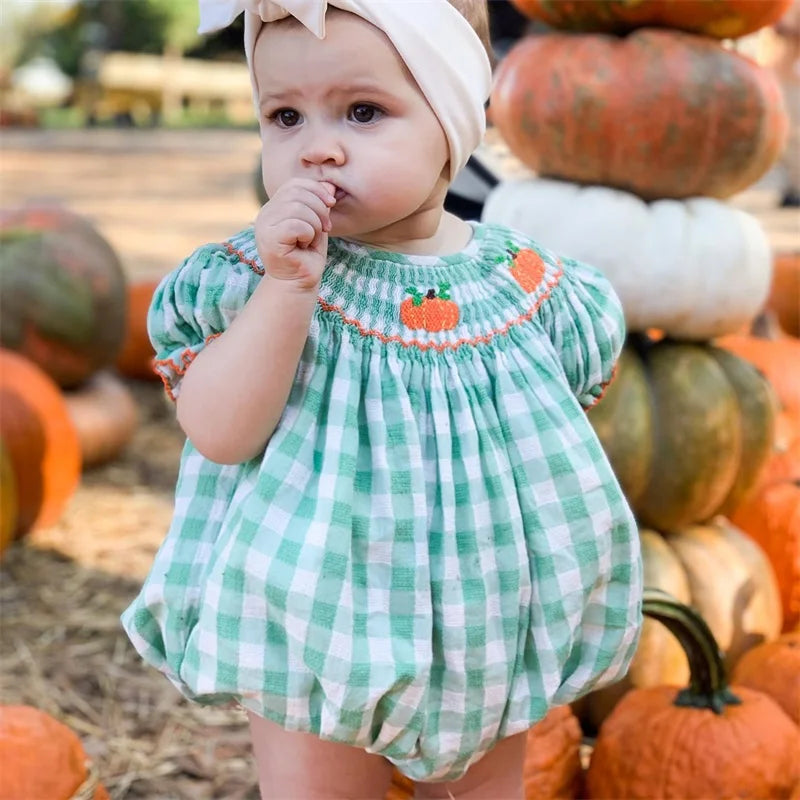 Baby Halloween Fall Rompers Pumpkin Embroidered Plaid Print Smocked Ruffled Jumpsuits