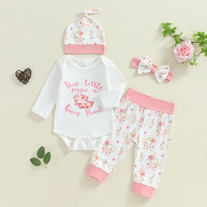 Baby Girls Letter Print Romper Pig Print Long Pants Headband Hat 4Pcs Clothes Set