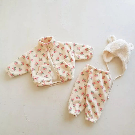 Boy Girl Baby Turtleneck Floral Fleece Shirts Set Children Tops + Pants