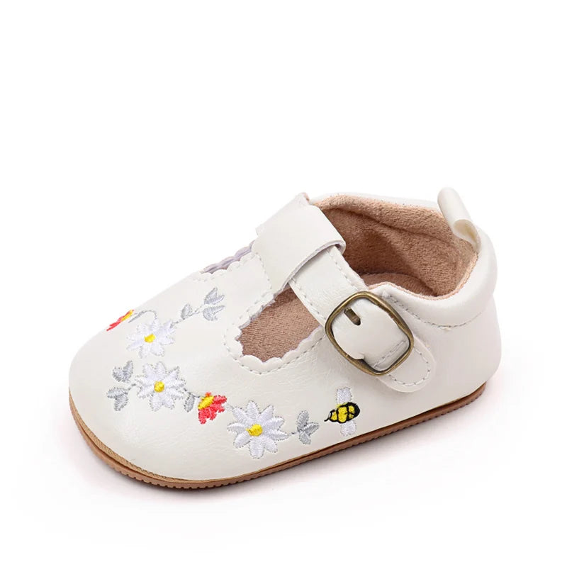 Baby Girl Mary Jane Flats Flower Embroidery Non-Slip Walking Shoes