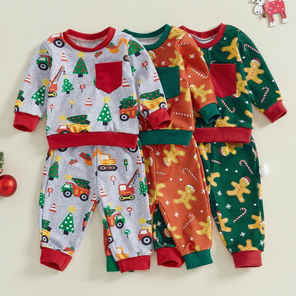 Toddler Christmas Tree Print Long Sleeve Round Neck Sweatshirt Tops Long Pants