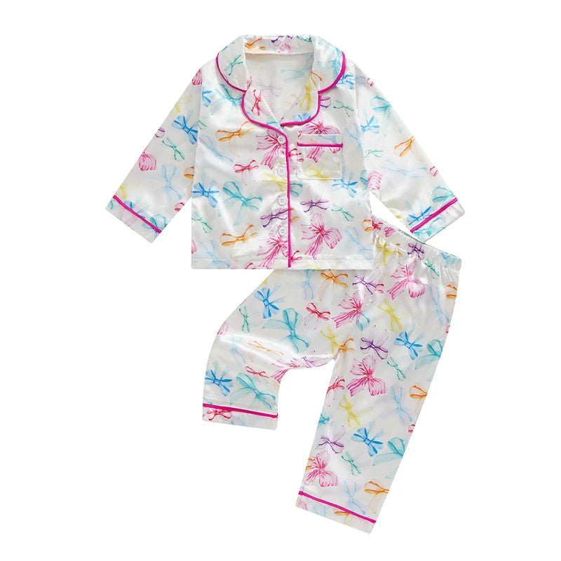 Toddler Girls Satin Pajama Set, Bow Print Tops Elastic Waist Pants