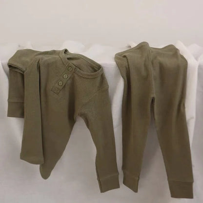 RetroCozy Ribbed Pajama Set – Kids 2pcs Cotton Sleepwear
