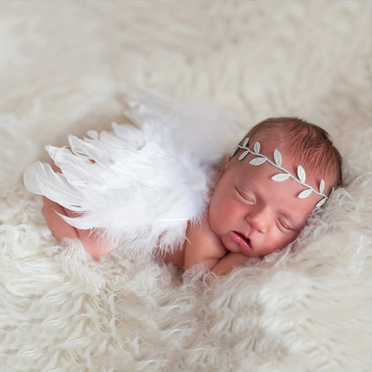 Newborn Angel Wings with Leaves Headband Baby Girl Boy Photoshoot Outfits Infant Photography