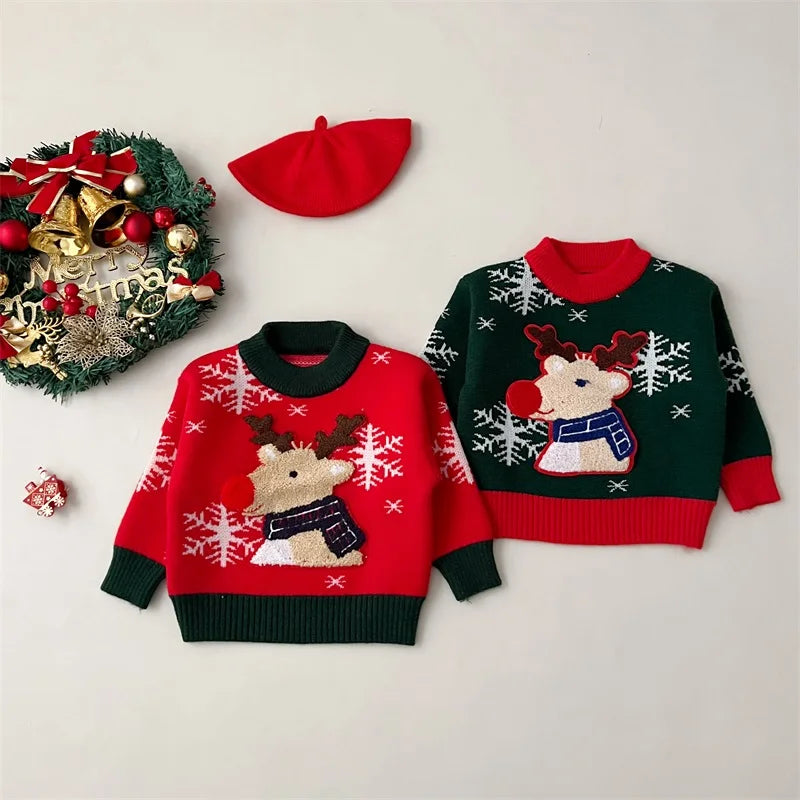 Girls Boys Christmas Reindeer Embroidery Pullover Autumn Winter Knitwear Tops