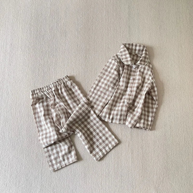 Baby Girl Boy Cotton Plaid Pajamas Clothes Set Shirt+Pant 2PCS