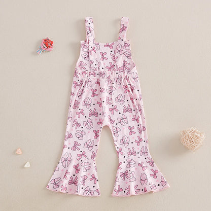 Girls Bib Bow/Dessert Print Sleeveless Flare Jumpsuit Suspender Pants for Toddler