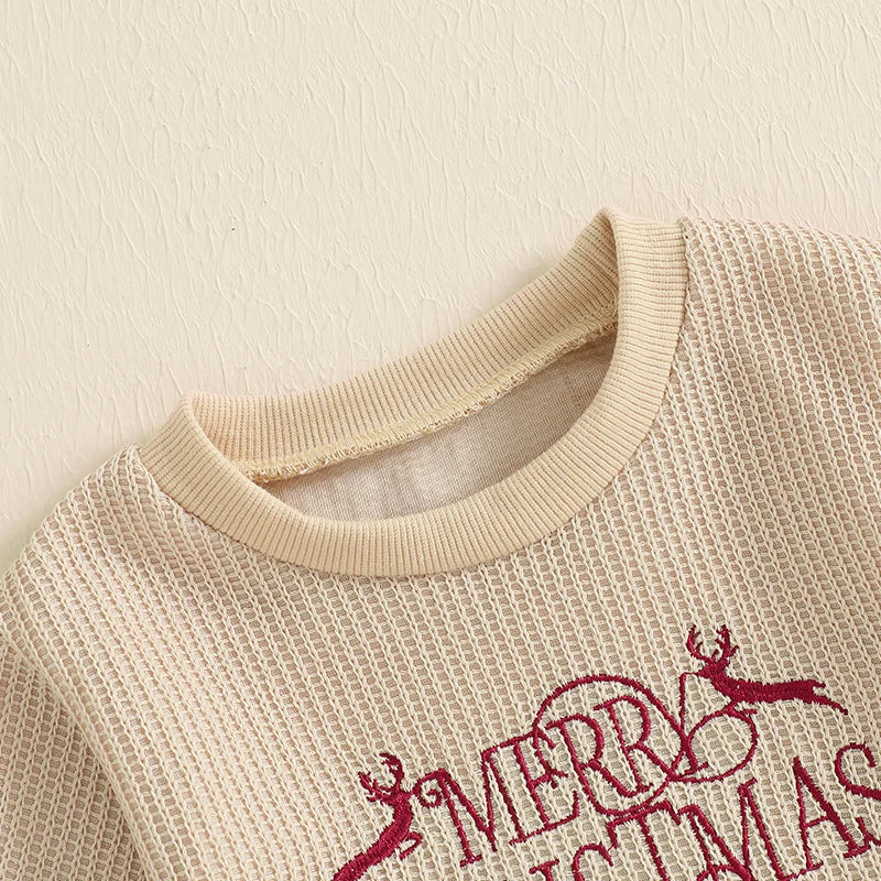 Newborn Baby Christmas Sweatshirt Romper, Waffle Letter Embroidery Bodysuit