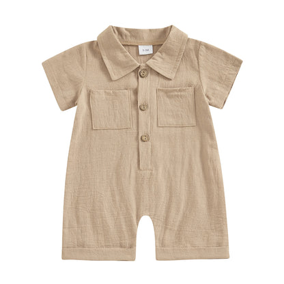 Boys Cotton Linen Jumpsuit Solid Color Lapel Short Sleeve Front Button Romper