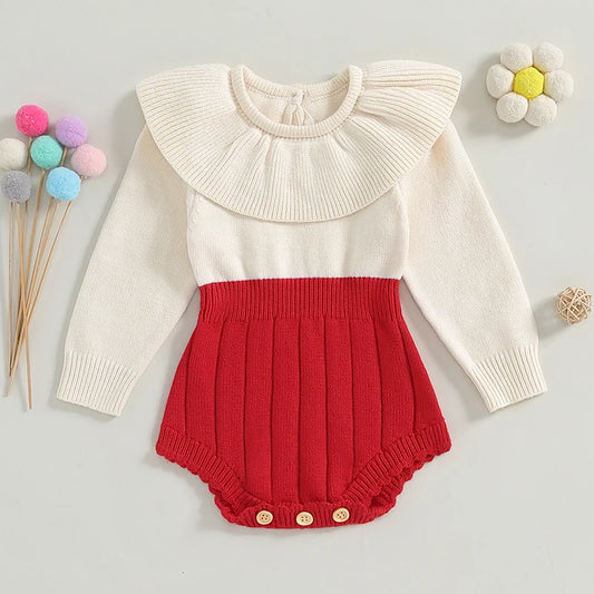 Baby Girls Sweater Romper Contrast Color Long Sleeve Jumpsuits for Newborn