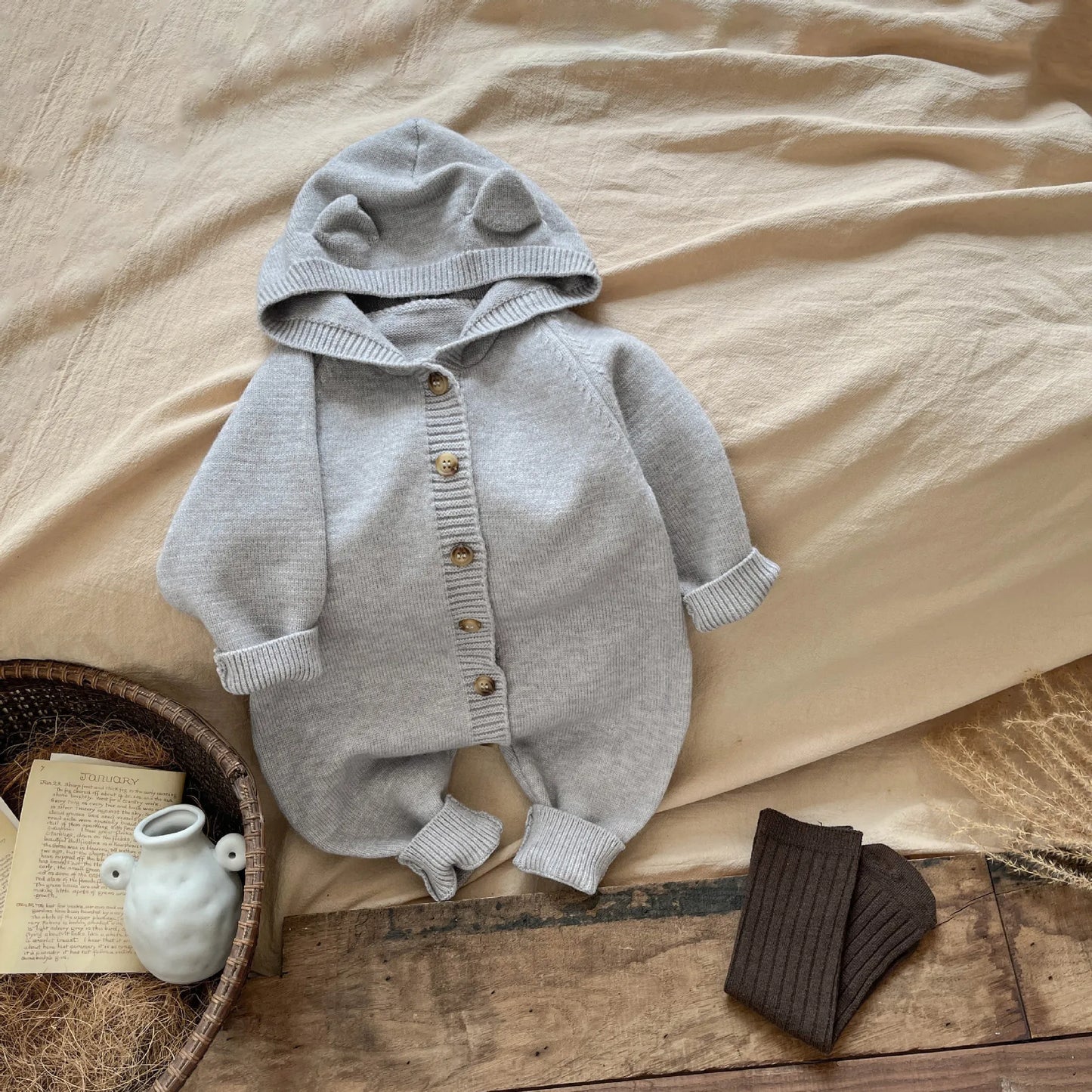 Baby Long Sleeve Knitted Romper Boy Girl Newborn Rabbit Ears Hooded Jumpsuit