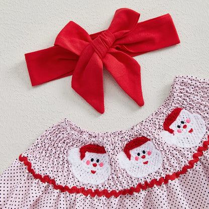 Toddler Girls Christmas Santa Embroidery Elastic Collar Short Sleeve Dress with Headband