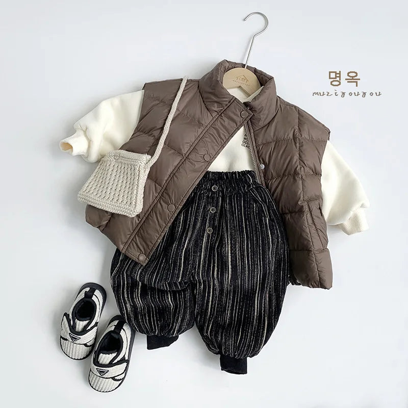 New Thick Casual Pants Boys Corduroy Warm Pants Girls Fleece Striped Trousers