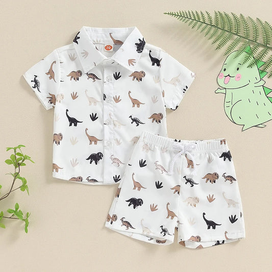 Toddler Boys Summer 2PCS Shorts Outfits Dinosaur Print Button Up Shirt Tops and Shorts