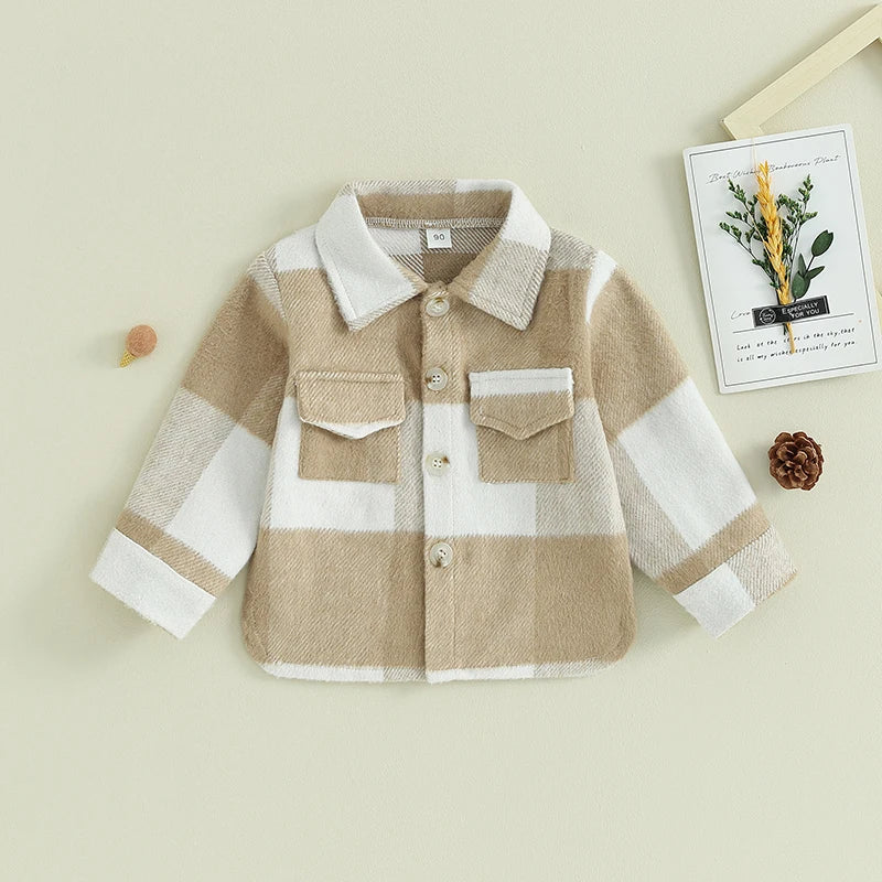 Boys Jacket Plaid Lapel Button-Down Long Sleeve Coat Outerwear