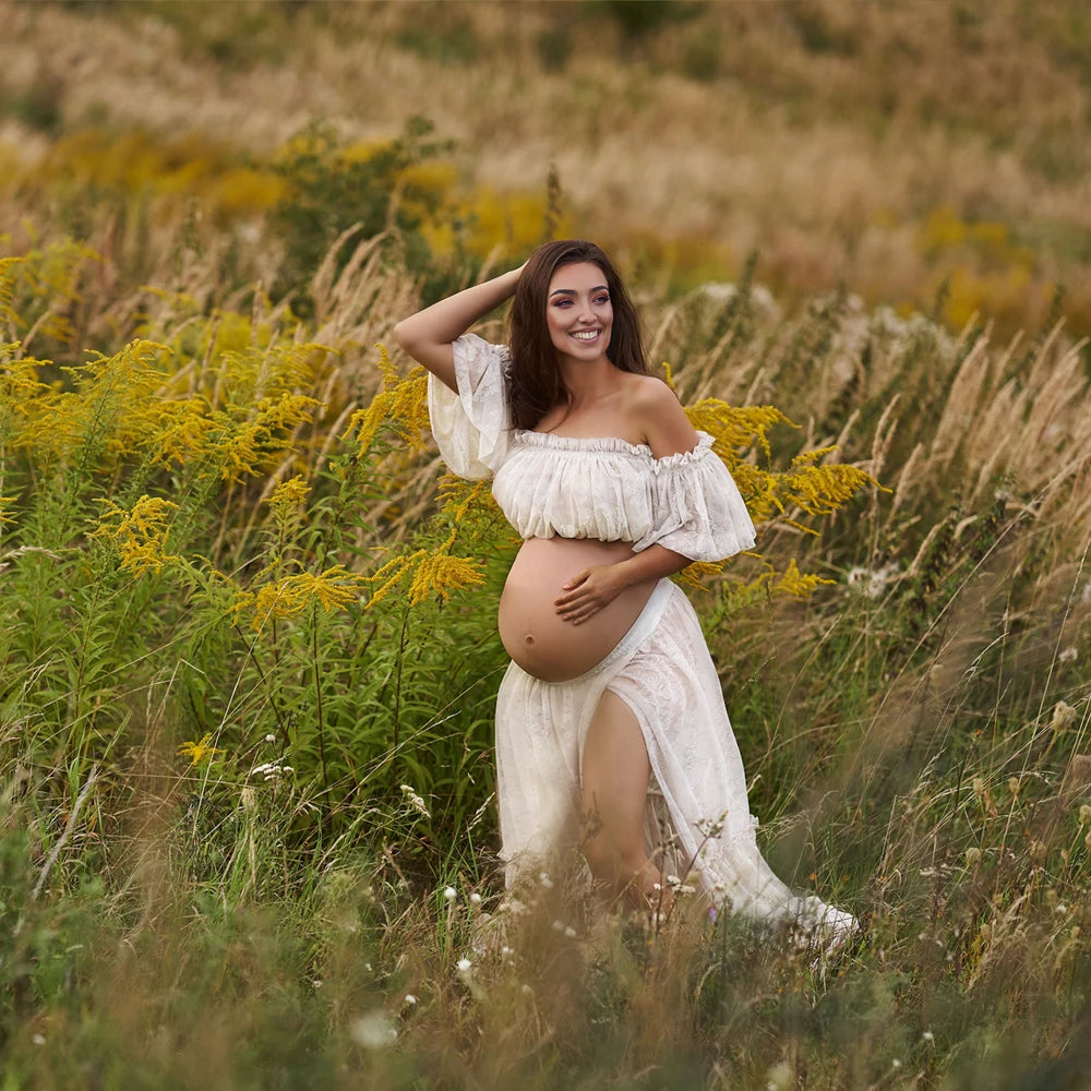 Maternity Gown For Photo Shoot elegant Two Piece White Lace Dresses