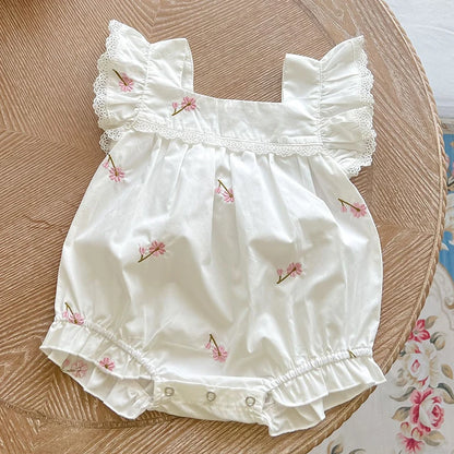 Baby Girls Jumpsuit Flying Sleeve Cotton Flower Embroidery Toddler Baby Girl Bodysuits