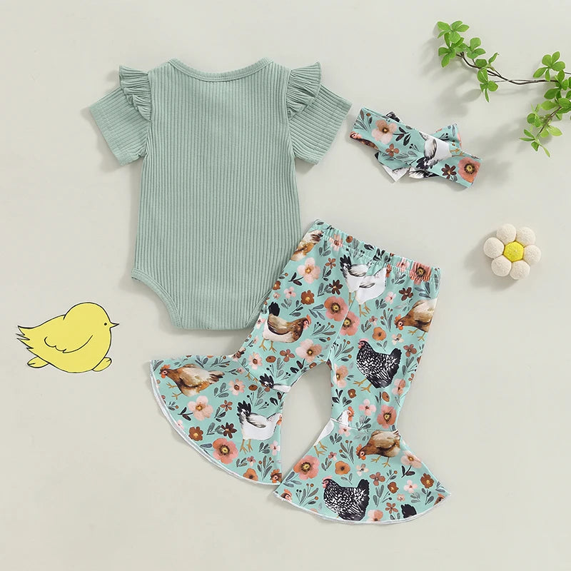 Baby Girl Romper Outfit Ribbed Jumpsuit with Floral Chick Flare Pants , Headband