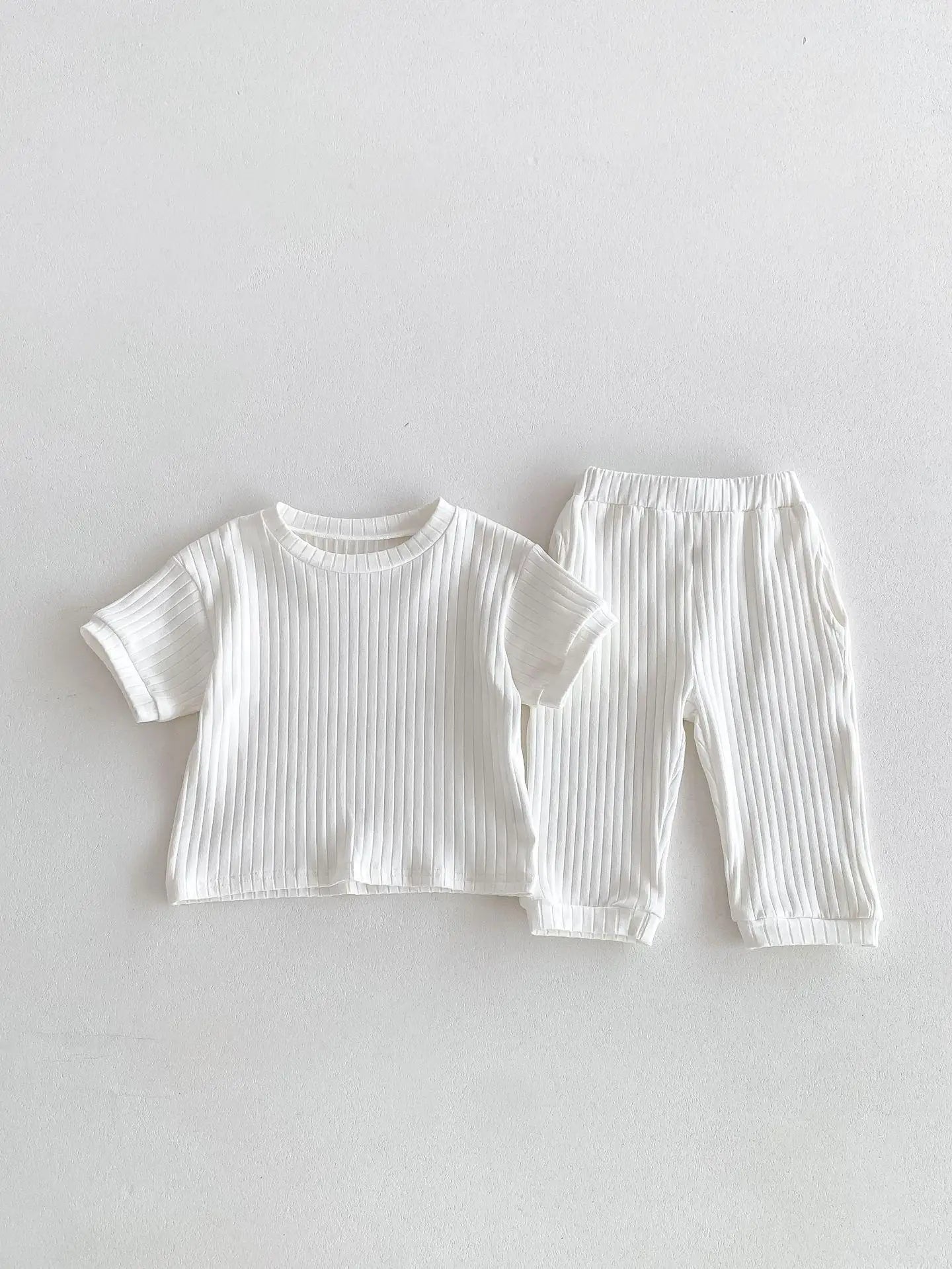 Boy Girl Children Solid Ribbed Short Sleeve Tops+Pants Pyjamas Set