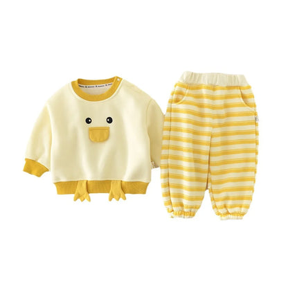 Baby Girls Cute Cartoon Duck Fleece Sweatshirt + Striped Pants