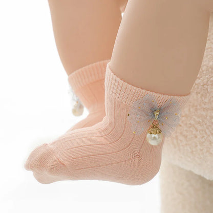 Baby Girls Crew Socks Cute Bow Pearl Socks Breathable Walking Socks for Toddler