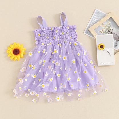 Girls Tulle Dress Daisy Floral Sleeveless Sling Dress