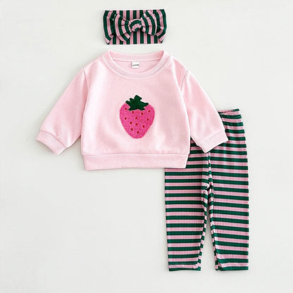 Girls Strawberry Embroidery Pullover Shirt +Leggings Pure Cotton Elastic Waist