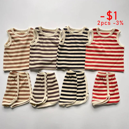 Summer Boy Girl Children Waffle Striped Sleeveless Tops + Shorts 2pcs