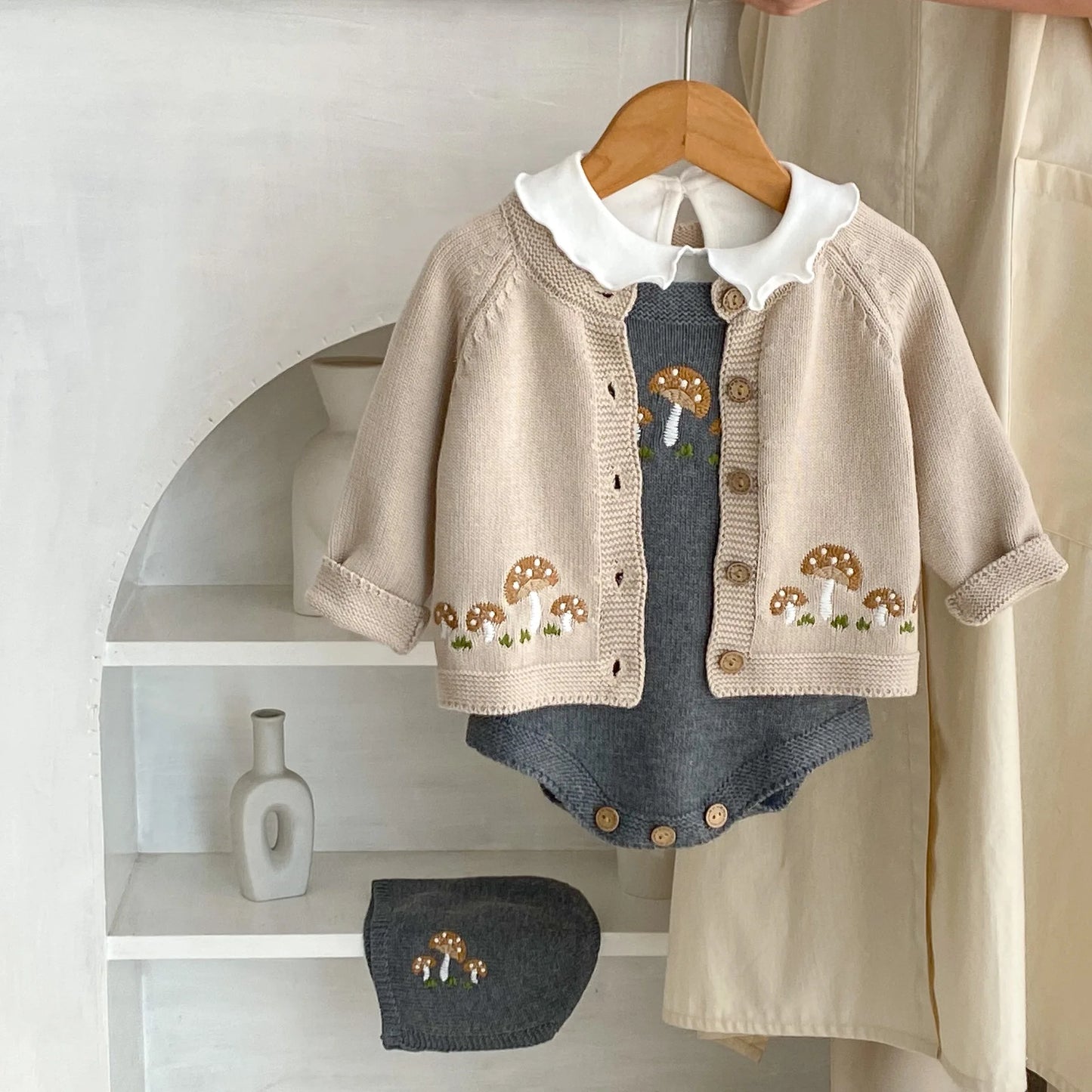 Baby Long Sleeve Sweater Coat Mushroom Embroidery Infant Boy Girl Knitted Cardigan