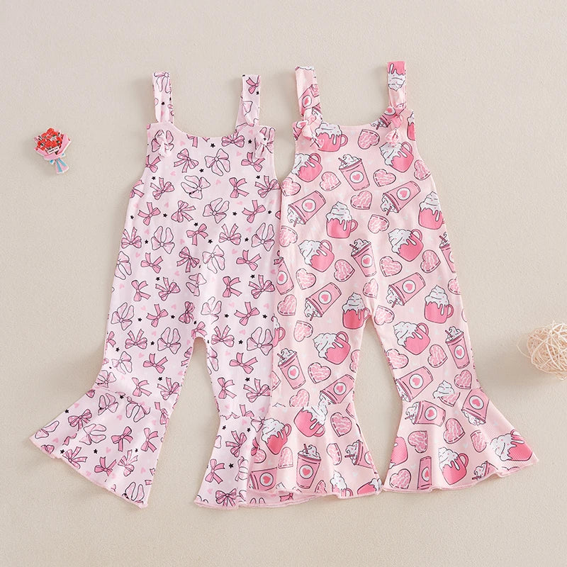 Girls Bib Bow/Dessert Print Sleeveless Flare Jumpsuit Suspender Pants for Toddler