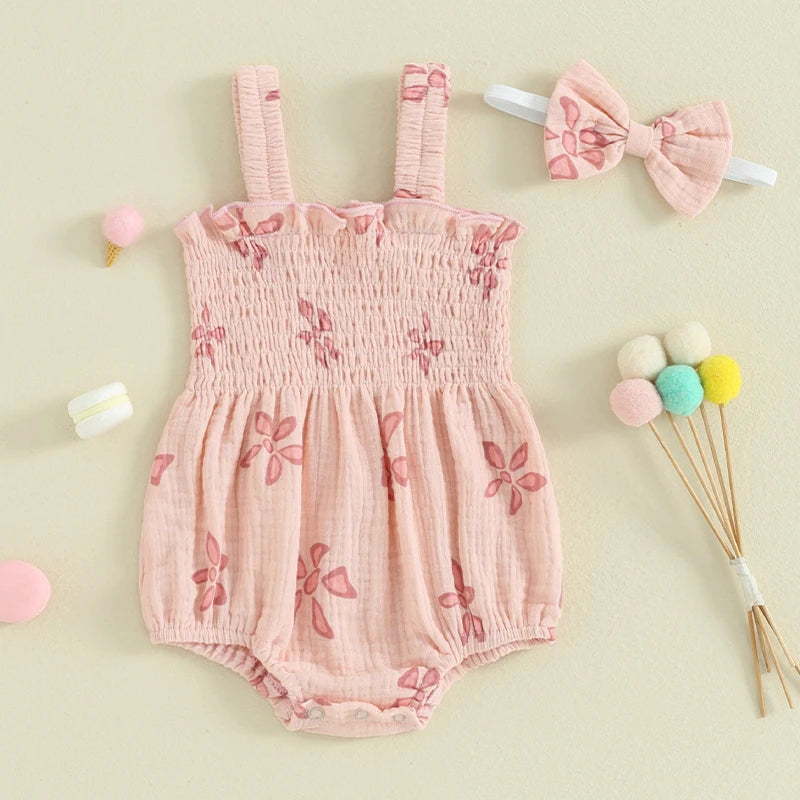 Infant Baby Girls Romper Floral Printed Baby Jumpsuit with Headband Clothing