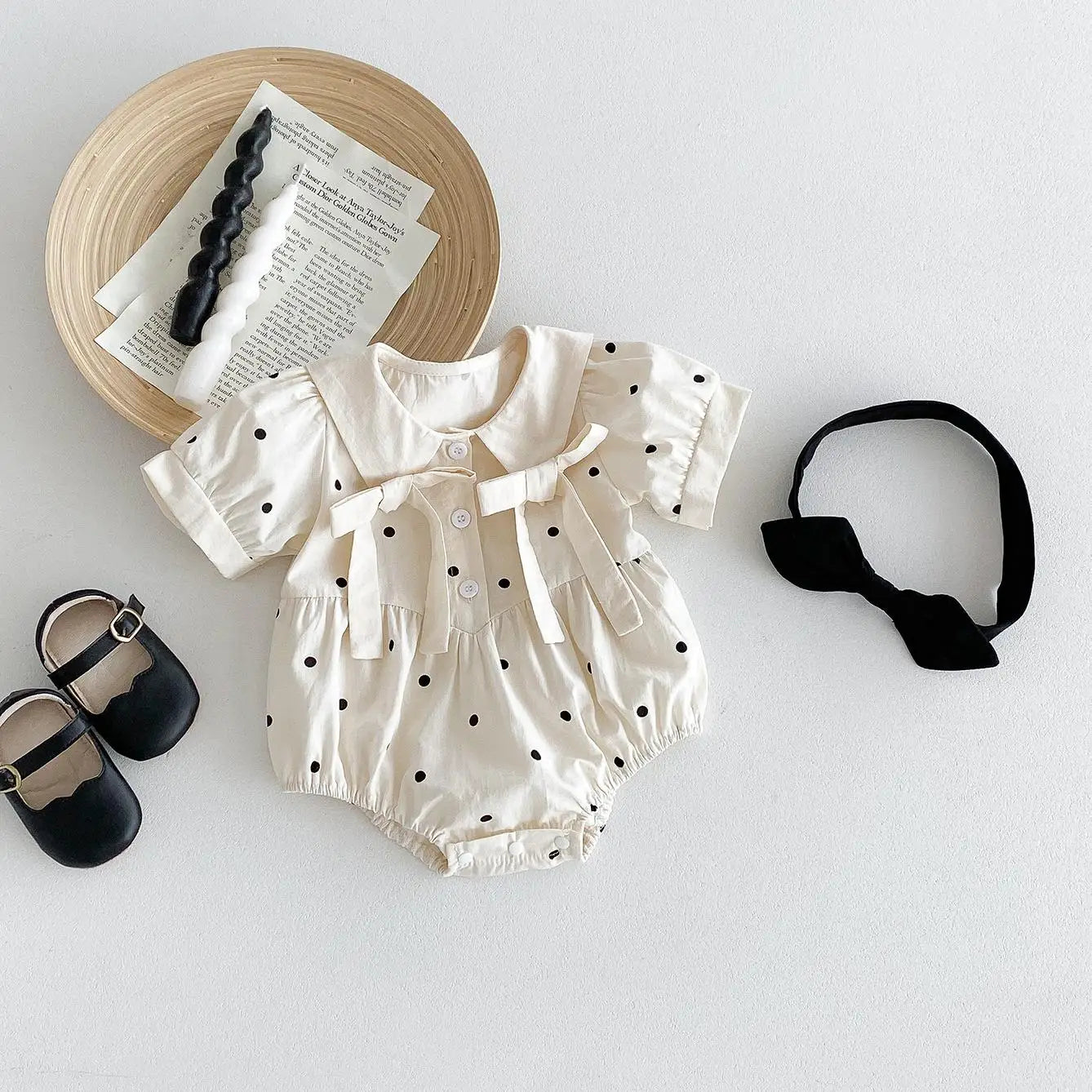 Newborn Girl Baby Cute Dots Short Sleeve Bodysuit + Hairband 2pcs Romper